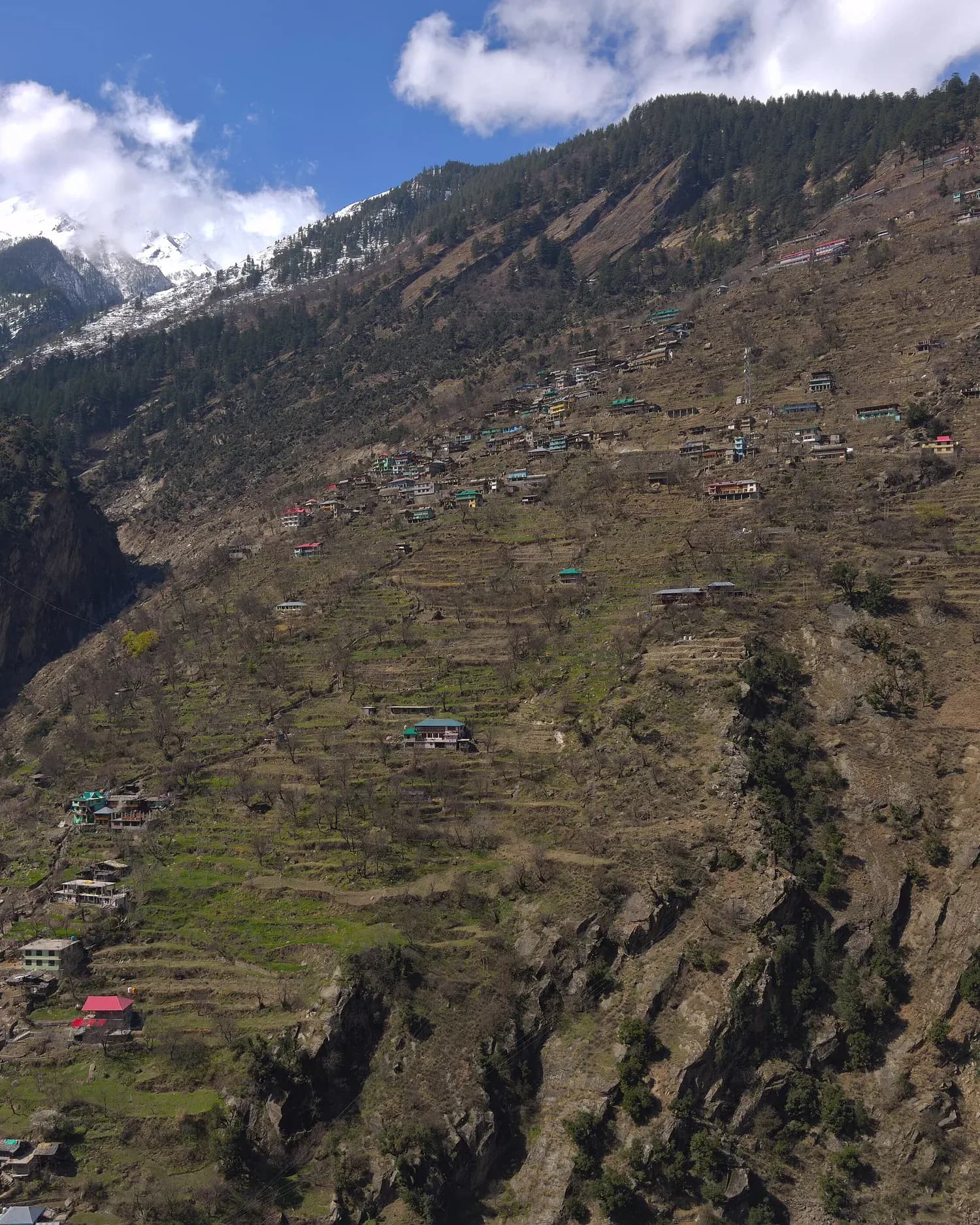 Terraced fields and houses stacked up the hillside at Brua, in the Sangla valley